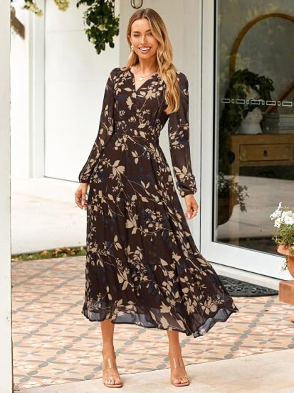 Women's Floral Boho Long Sleeve Maxi Dress V Neck Empire Waist Swing Flowy Weddi